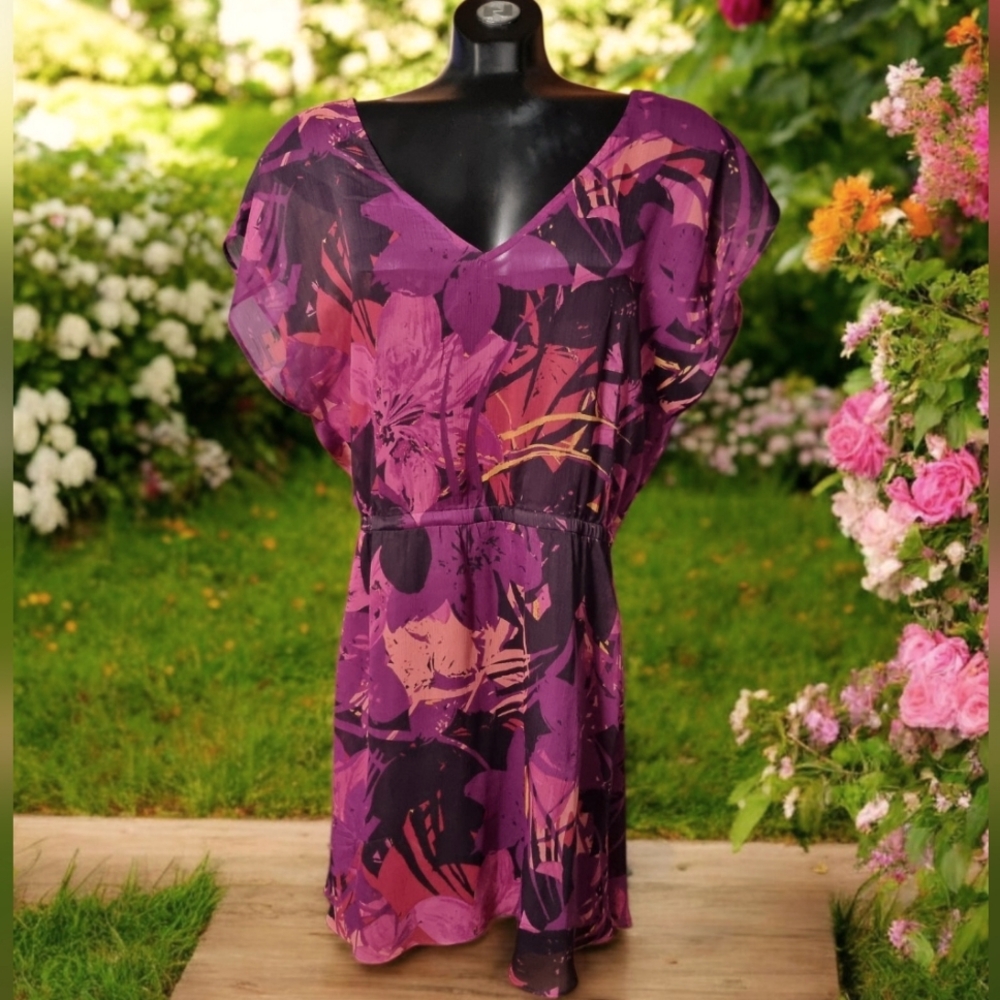 Express Vibrant Maroon Pink & Black Lined Tropical Floral Dress